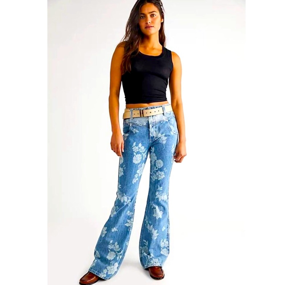 We The Free High-Rise Floral Print Flare Jeans - Blue